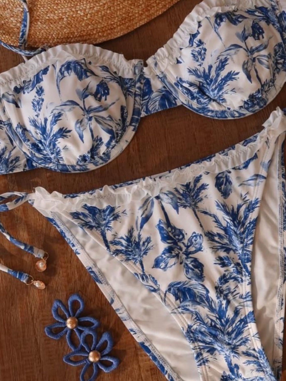 Gianni Bini Blue and White Floral Bandeau Bikini Set